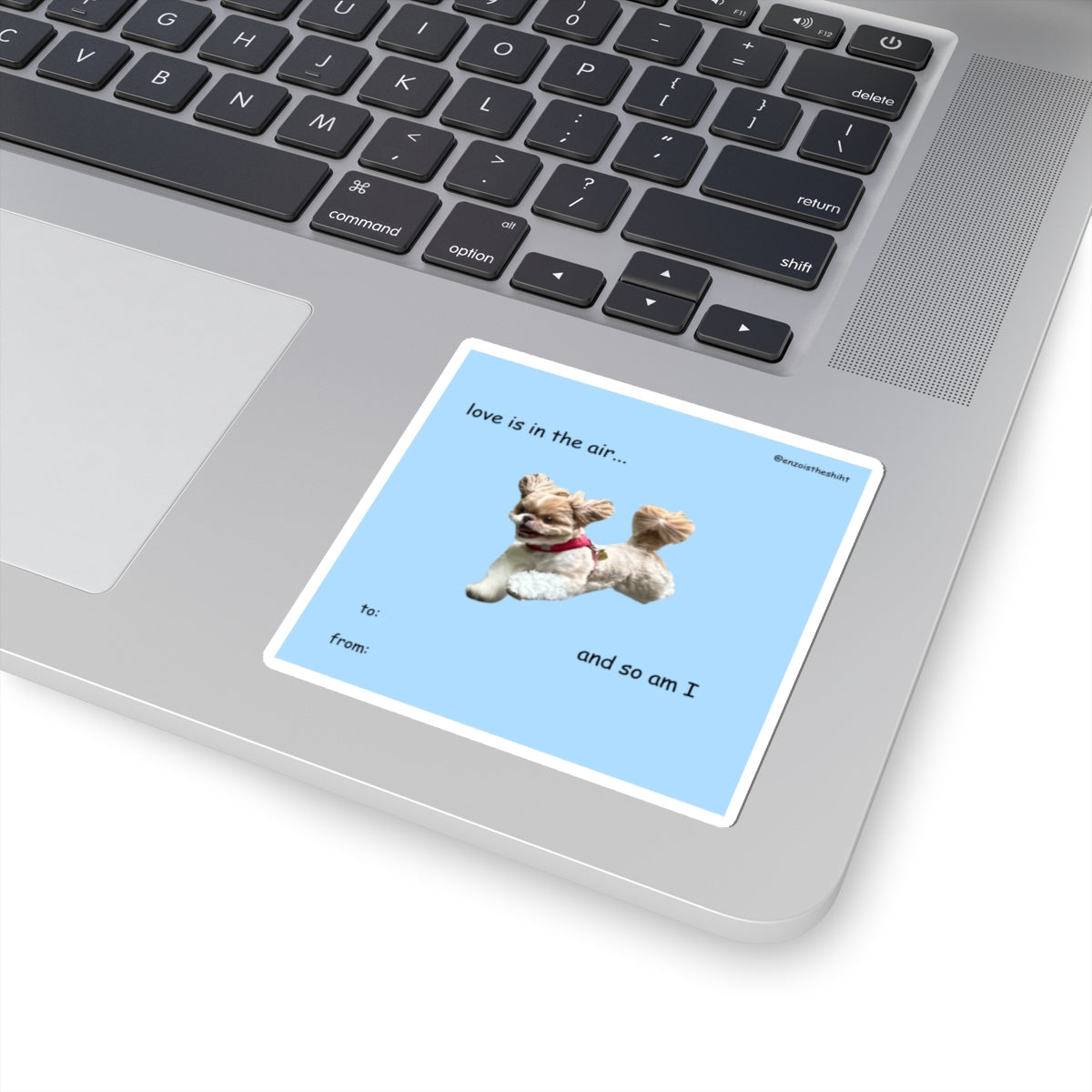 Cute Dog “love is in the air… and so am I” Kiss-Cut Sticker — Pet Valentine Gift Tag